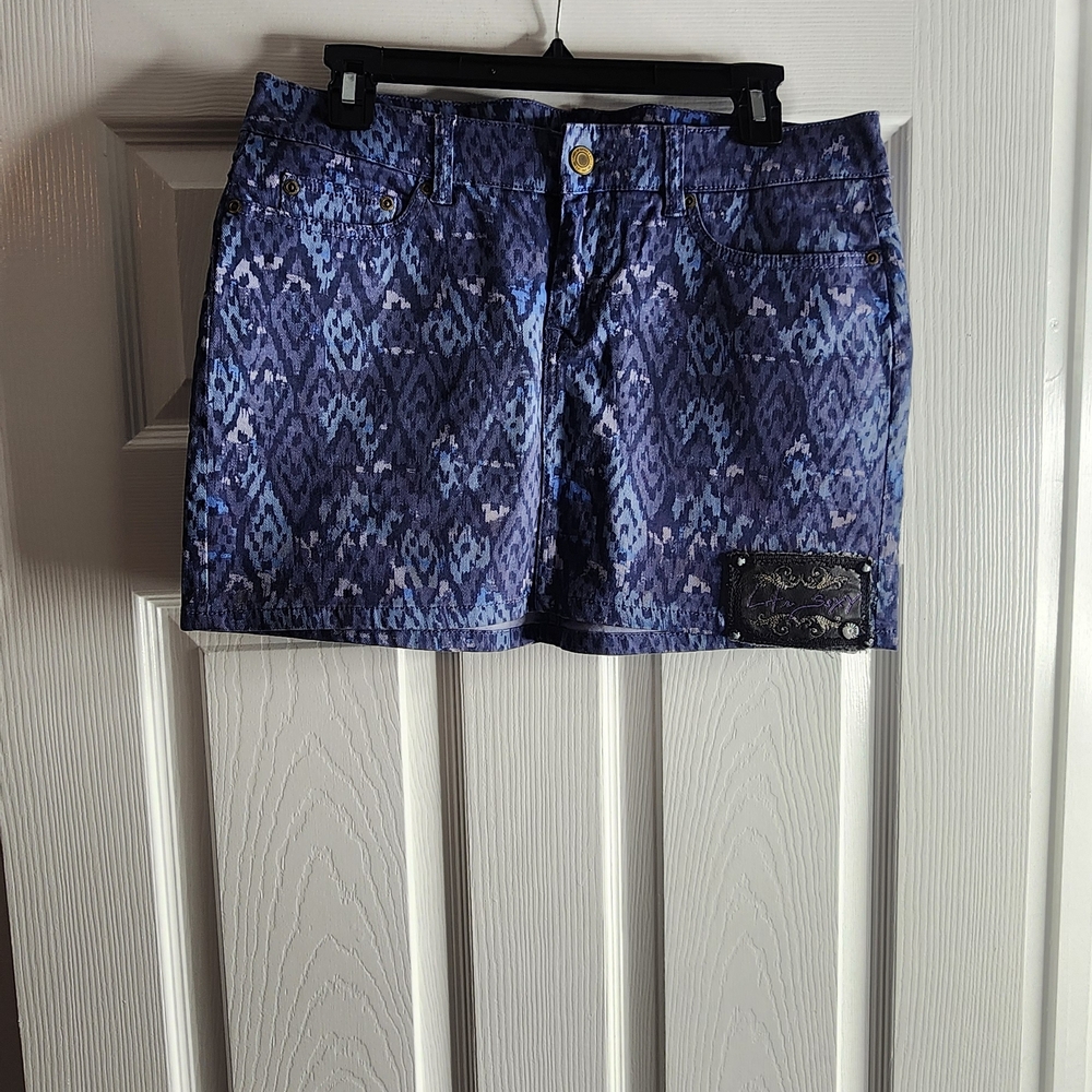 Blue Patterned Denim Shorts